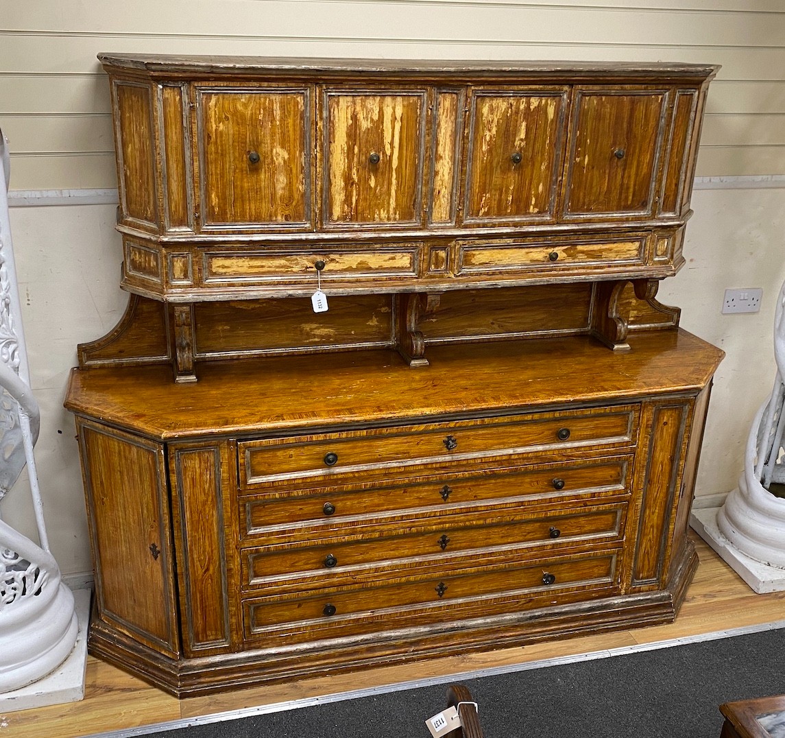 A late 18th/early 19th century French wood grain painted pine buffet, height 168cm, width 202cm, depth 52cm